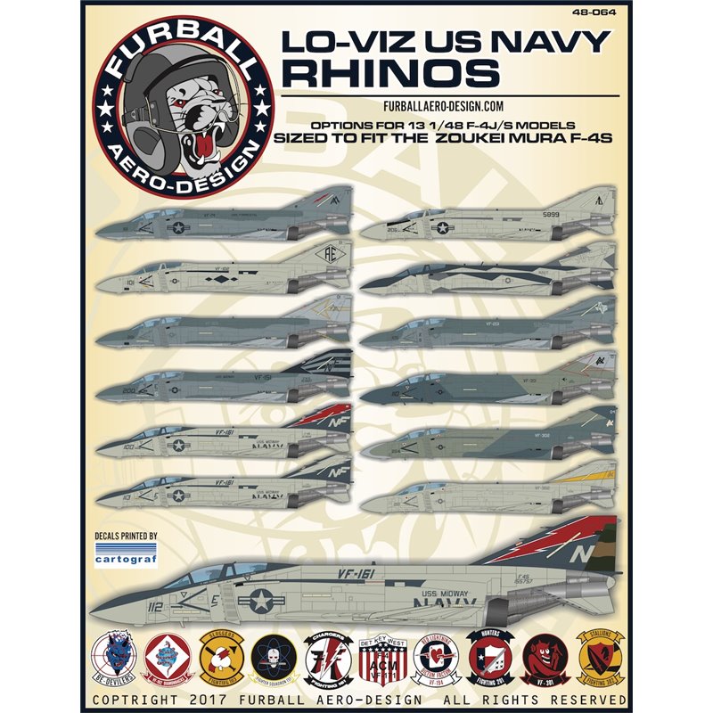 1/48 decals 'Lo-Viz U.S. Navy Rhinos' has options for 11 McDonnell F-4S aircraft, and 2 F-4J aircraft.