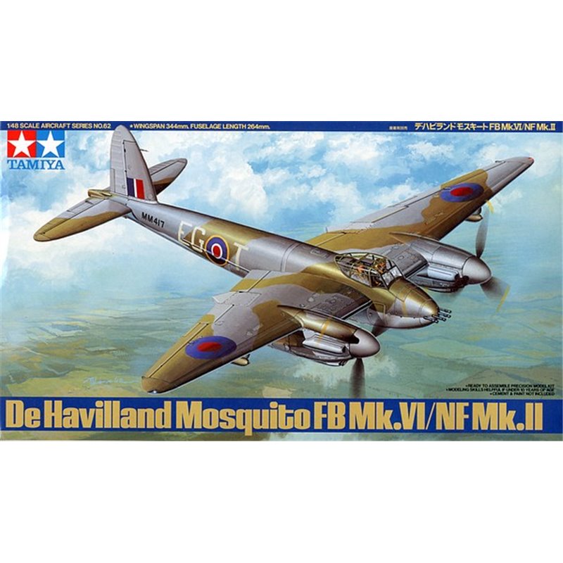 Maqueta de avión 1/48 De Havilland Mosquito FB Mk.VI/NF Mk.II del fabricante Tamiya con detalles completos.