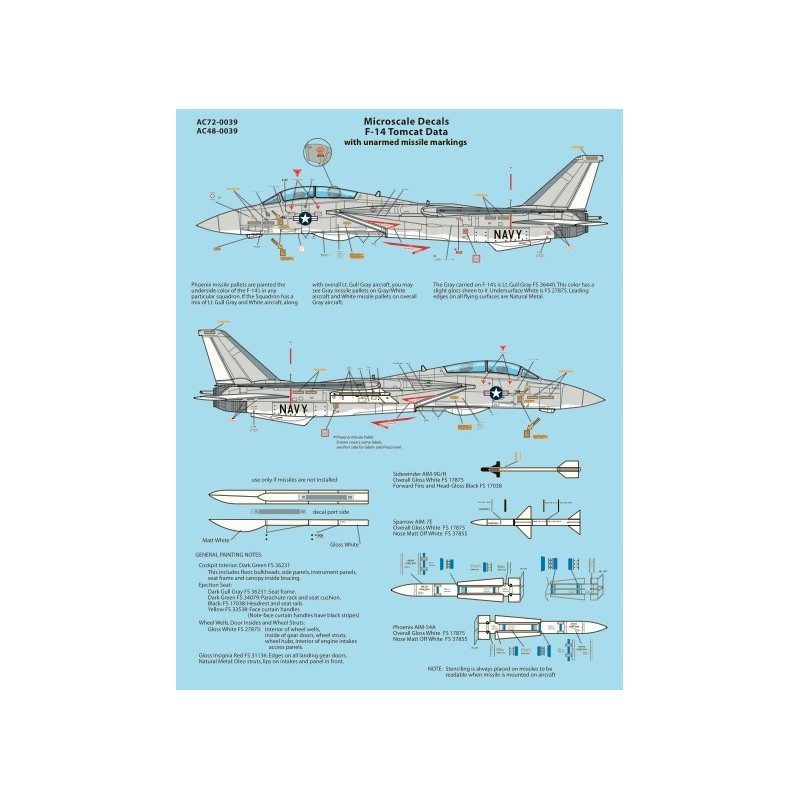 1/48 Decals Grumman F-14 Tomcat Data Sheet: Contains Un-Armed Missile Markings [F-14A F-14B F-14C F-14D]