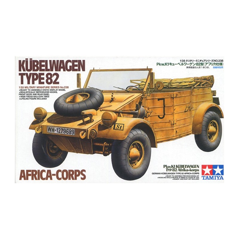 Maqueta 1/35 Kübelwagen Type 82 Africa Corps de Tamiya con detalles y calcas históricas