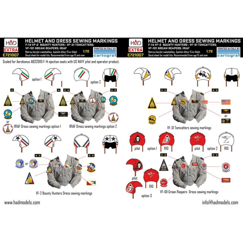 HAD 1/72 Calcas  F-14A/D helmet and dress sewing markings VF-2, VF-101, VF-31