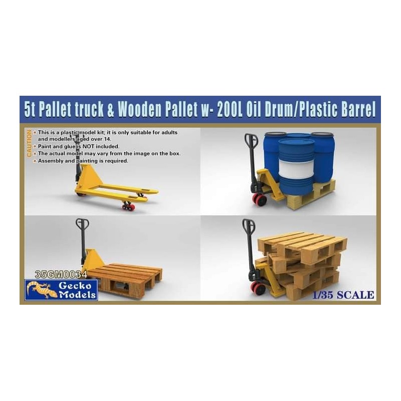 Gecko Models 5t Pallet Truck & Wooden Pallet with 200 Litre Oil Drum and Plastic Barrel