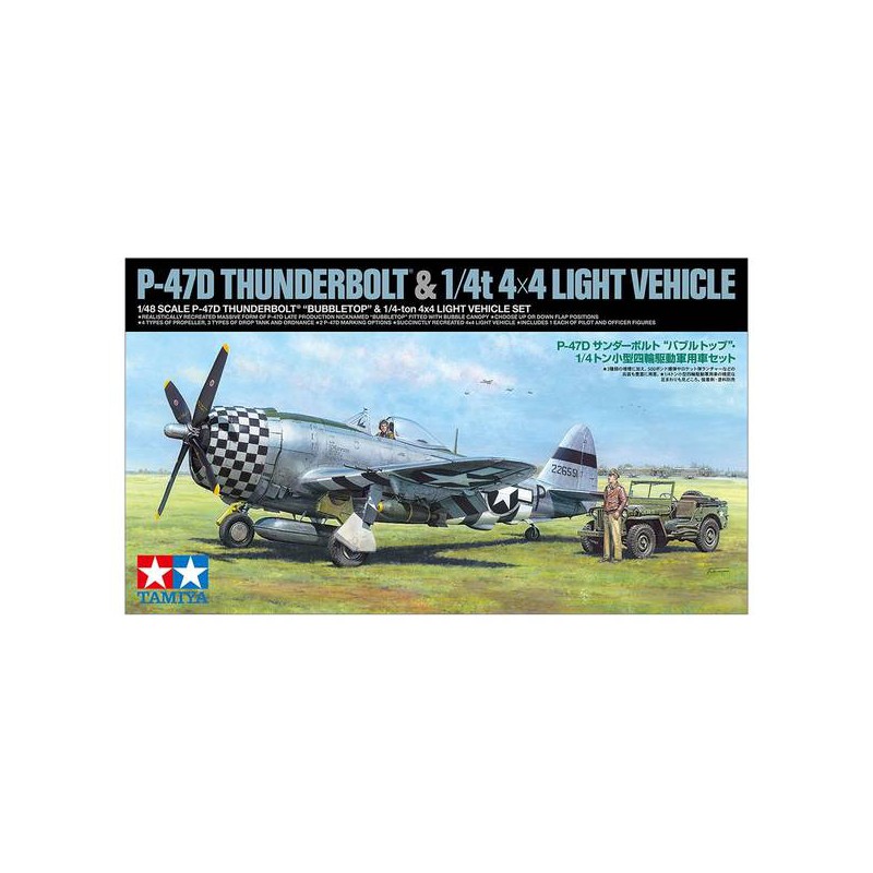 Maqueta de avión Tamiya 1/48 Republic P-47D Thunderbolt Bubble Top 1/4 Ton Small 4WD Military Vehicle Set