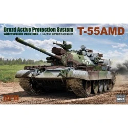 Maqueta detallada 1/35 T-55AMD de Rye Field Model con sistema de protección activa Drozd y pistas funcionales