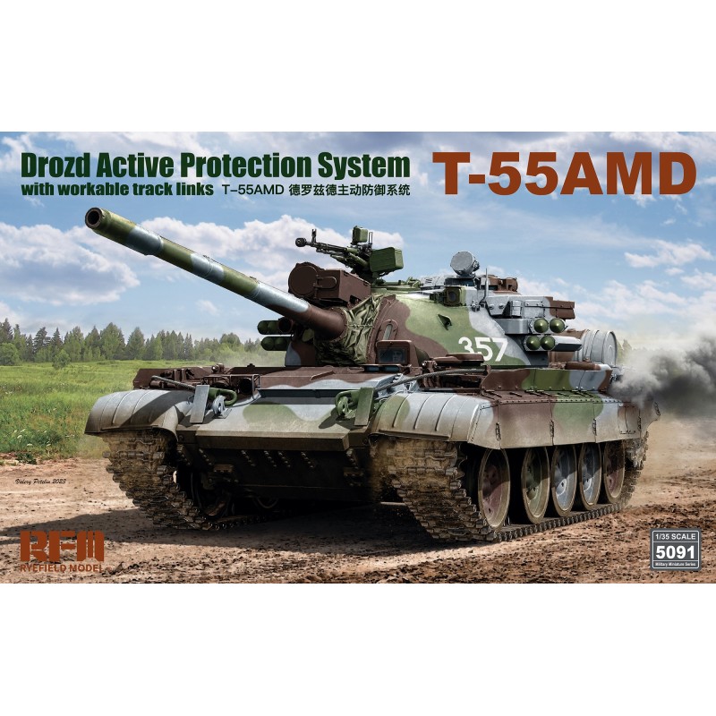 Maqueta detallada 1/35 T-55AMD de Rye Field Model con sistema de protección activa Drozd y pistas funcionales