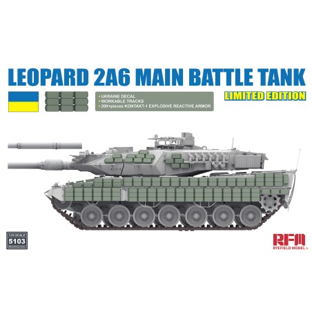 Imagen de la maqueta del tanque Leopard 2A6 1/35 con decals de Ucrania y ERA Kontakt-1 de Rye Field Model.