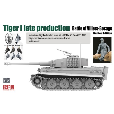 Maqueta 1/35 del tanque Tiger I Late Production con Zimmerit, de Rye Field Model, incluyendo figura de resina