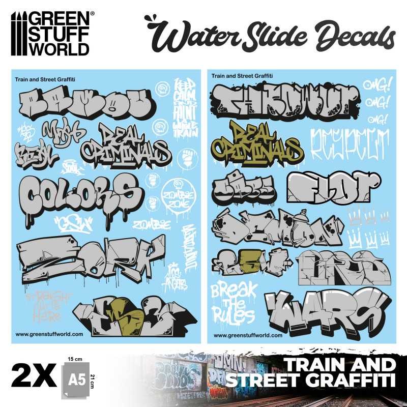 Green Stuff World Waterslide Decals - Train and Graffiti Mix - Silver and Gold