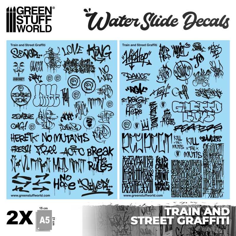 Green Stufff World Waterslide Decals - Train and Graffiti Mix - Black