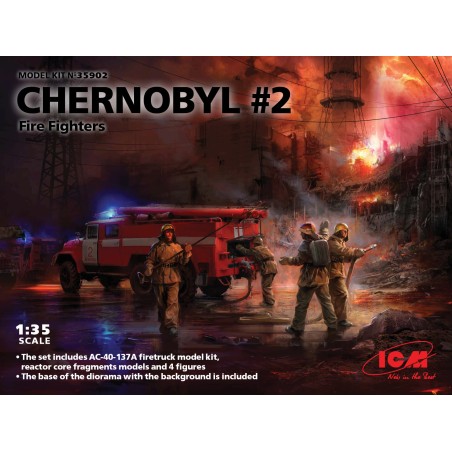 ICM 1/35  Chernobyl 2. Fire Fighters (AC-40-137A Firetruck & 4 Figures & Diorama Base with Background)