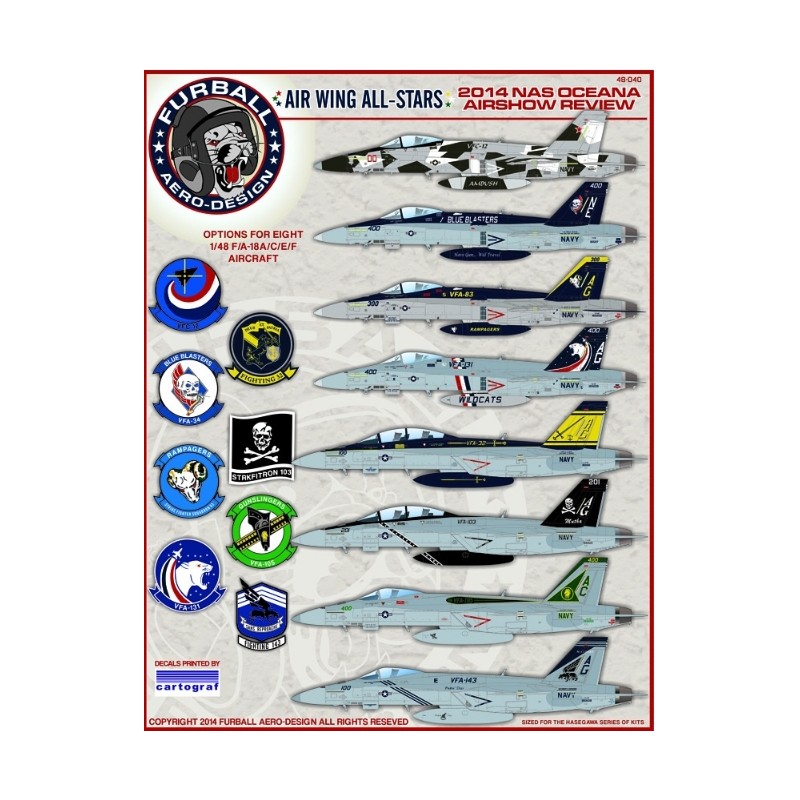 Furball 1/48 decals  "Airwing All Stars: 2014 NAS Oceana Review" covers 4 McDonnell-Douglas F/A-18A/C s and 4 Boeing F/A-18E/Fs