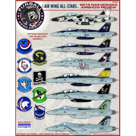 Furball 1/48 decals  "Airwing All Stars: 2014 NAS Oceana Review" covers 4 McDonnell-Douglas F/A-18A/C s and 4 Boeing F/A-18E/Fs