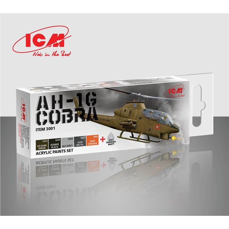 Set de pinturas acrílicas ICM para modelo AH-1 G Cobra, incluye tonos militares y acabados metálicos