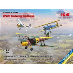 WWII training biplanes (Bücker Bü 131D, DH.82A Tiger Moth, Stearman PT-17)