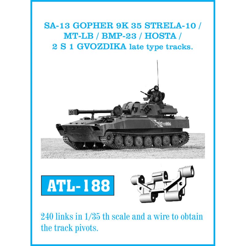 Tracks for SA-13 GOPHER 9K 35 STRELA 10 / MT-LB / BMP23 / HOSTA / 2 S 1 GVODZIKA late type tracks.