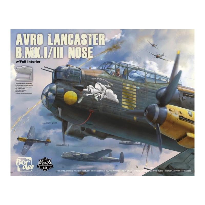 Maqueta 1/32 Avro Lancaster B.MK1/III Nose w/Full Interior de Border Model con piezas detalladas y calcas históricas.