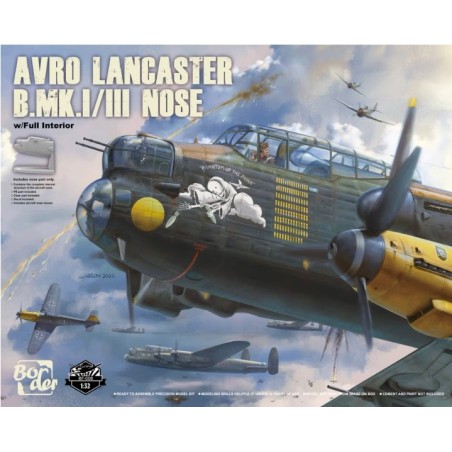 Maqueta 1/32 Avro Lancaster B.MK1/III Nose w/Full Interior de Border Model con piezas detalladas y calcas históricas.