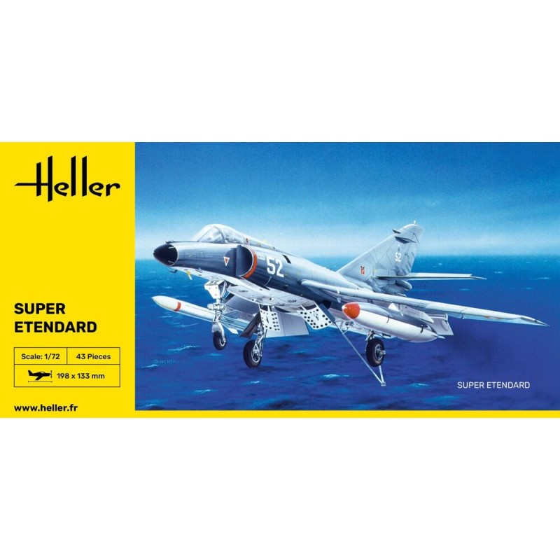 Maqueta 1/72 Super Etendard de Heller, con 43 piezas y detalles históricos del icónico avión de combate naval.