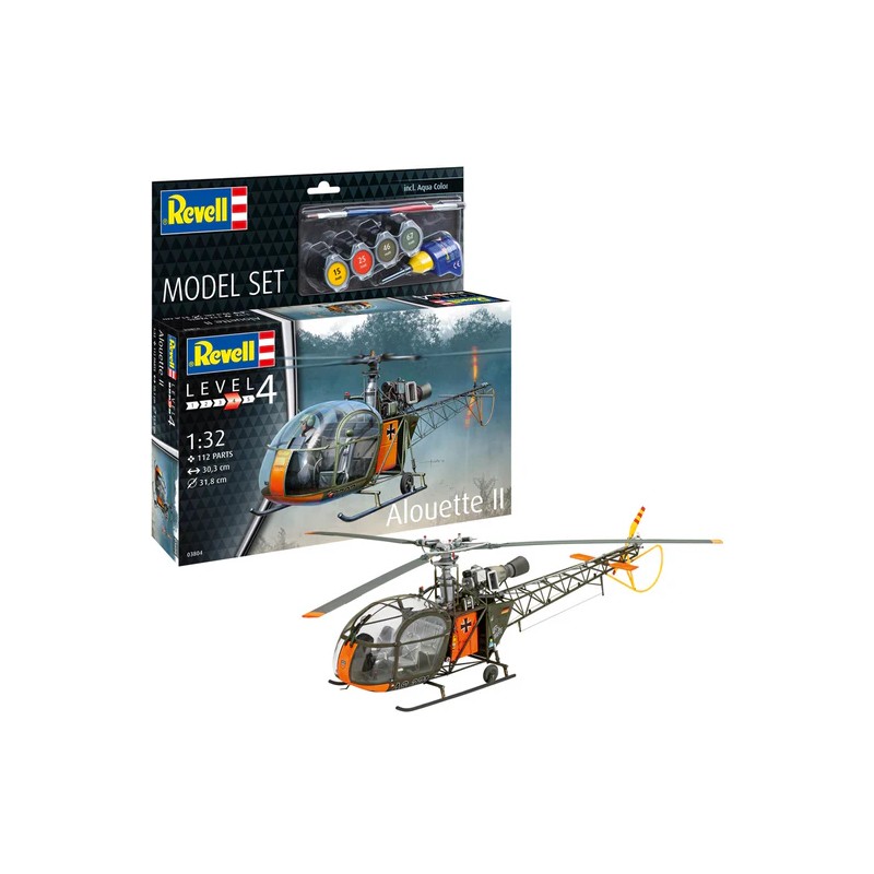 Maqueta 1/32 Aerospatiale Alouette II de Revell con 191 piezas y detalles históricos.