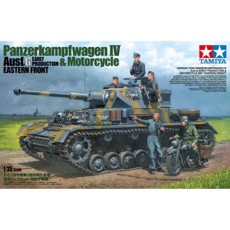 Maqueta Tamiya 1/35 Panzerkampfwagen IV Ausf.G Early Production con motocicleta, detalles del Frente Oriental.