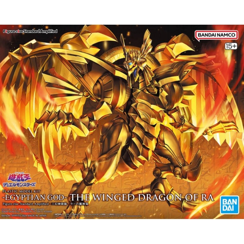 Maqueta The Winged Dragon of Ra Figure-rise Standard Amplified - Yu-Gi-Oh! de Bandai, con alas desplegables y detalles en oro.