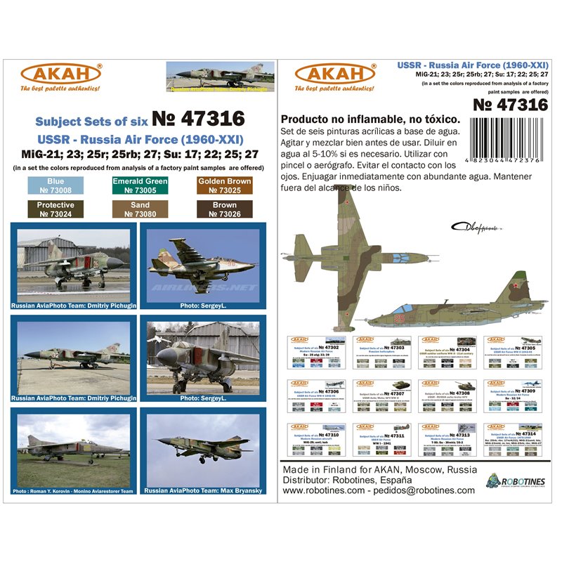 Set de Pinturas USSR Aviation MiG 21, 23, 25R, 25RB, 27, Su 17, 22, 25, 27