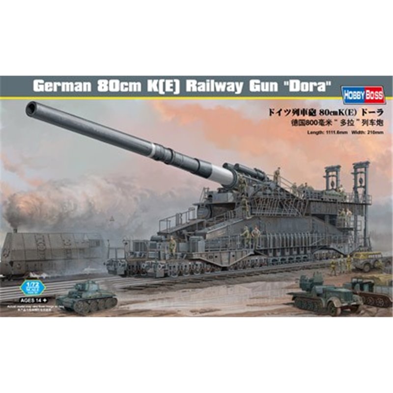 Maqueta 1/72 80cm K(E) Dora Railway Gun de HobbyBoss, arma ferroviaria histórica